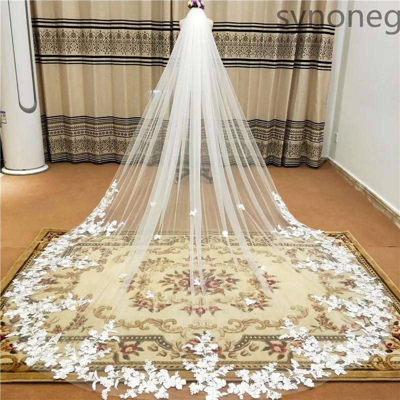 Real Photo 3m.4m.5m One Layer Wedding Veil With Comb White Lace Edge Bridal Veils Ivory Appliqued Cathedral Wedding